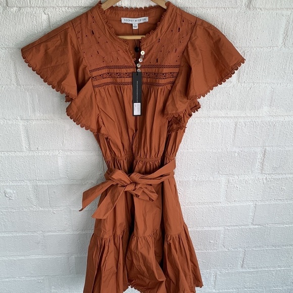 Secret Mission Bartolina Ruffled Cotton Crochet Flutter Sleeve Pocket Dress sz L - Picture 15 of 16